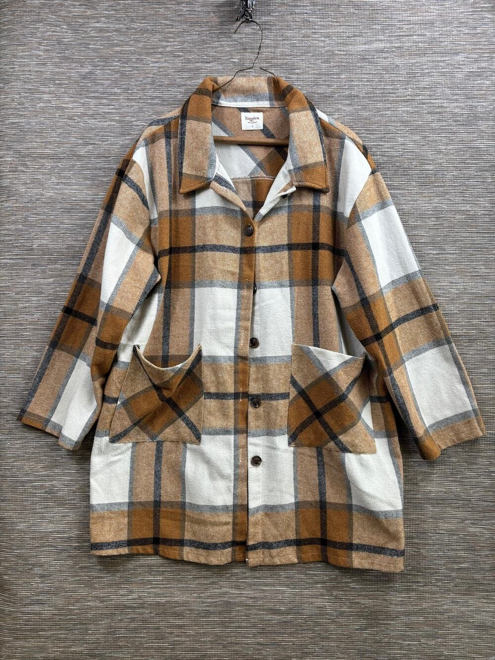 Hayden Los Angeles Jacket Womens 1XL Brown Plaid Twill Button Pockets Mid Length